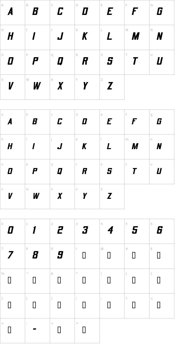 Character Map Quarterback Oblique Font