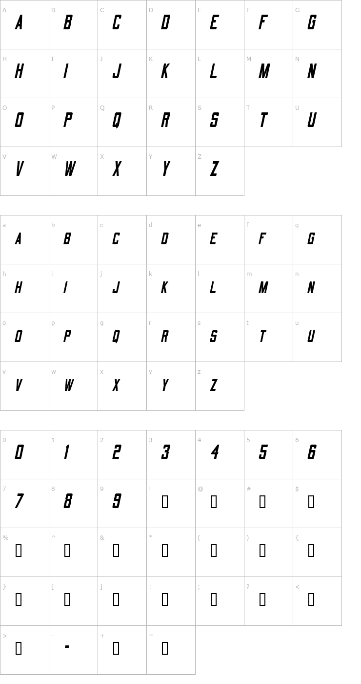 Character Map QuarterbackCondensed Oblique Font