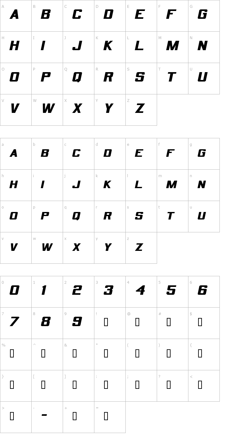 Character Map QuarterbackExtended Oblique Font