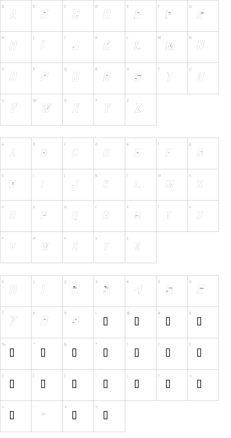 Character Map QuarterbackOutline Oblique Font