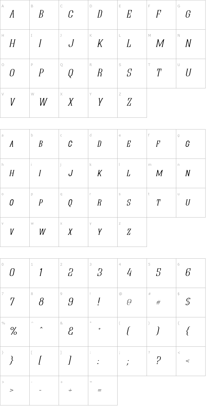 Character Map Quastic Kaps Thin Italic Font