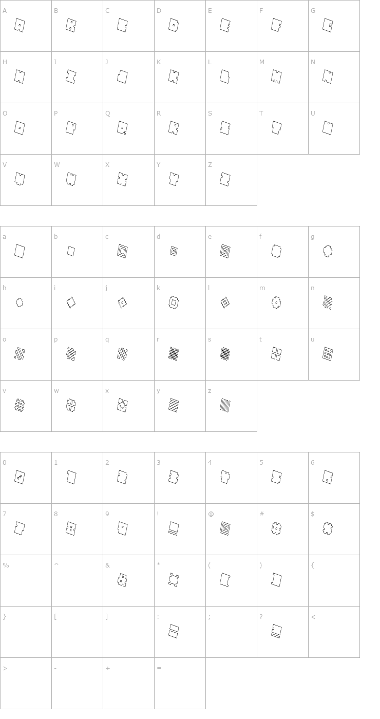 Character Map QUBE HOLLOW THIN ITALIC Font