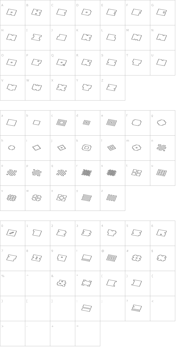 Character Map QUBE HOLLOW WIDE ITALIC Font