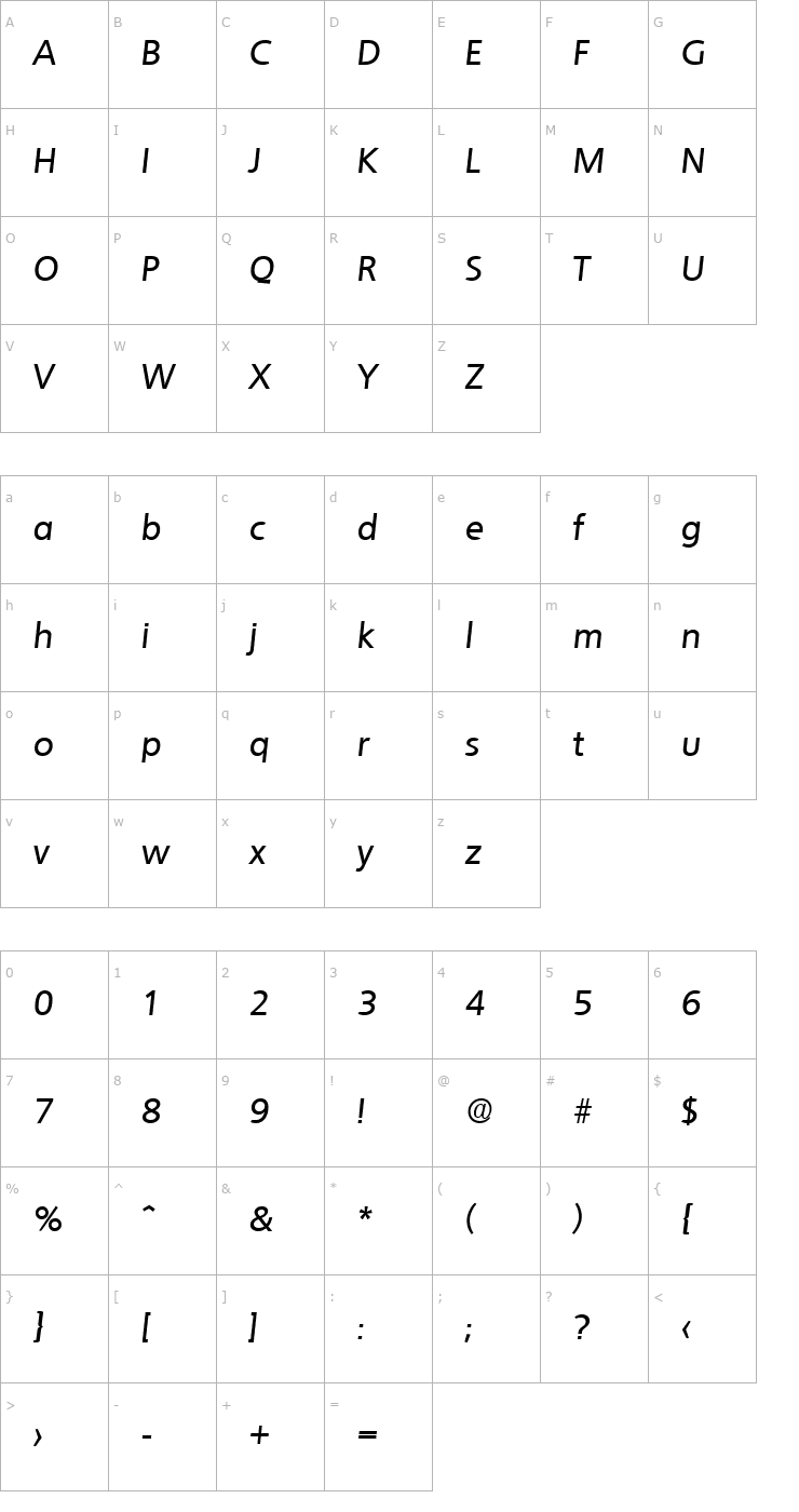 Character Map Quebec-Serial-Medium-RegularItalic Font