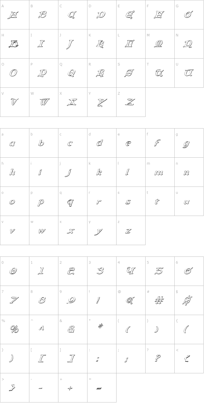 Character Map Queen & Country 3D Italic Font