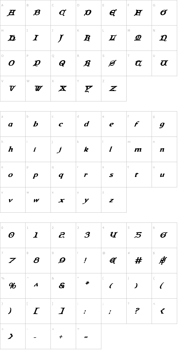 Character Map Queen & Country Bold Italic Font