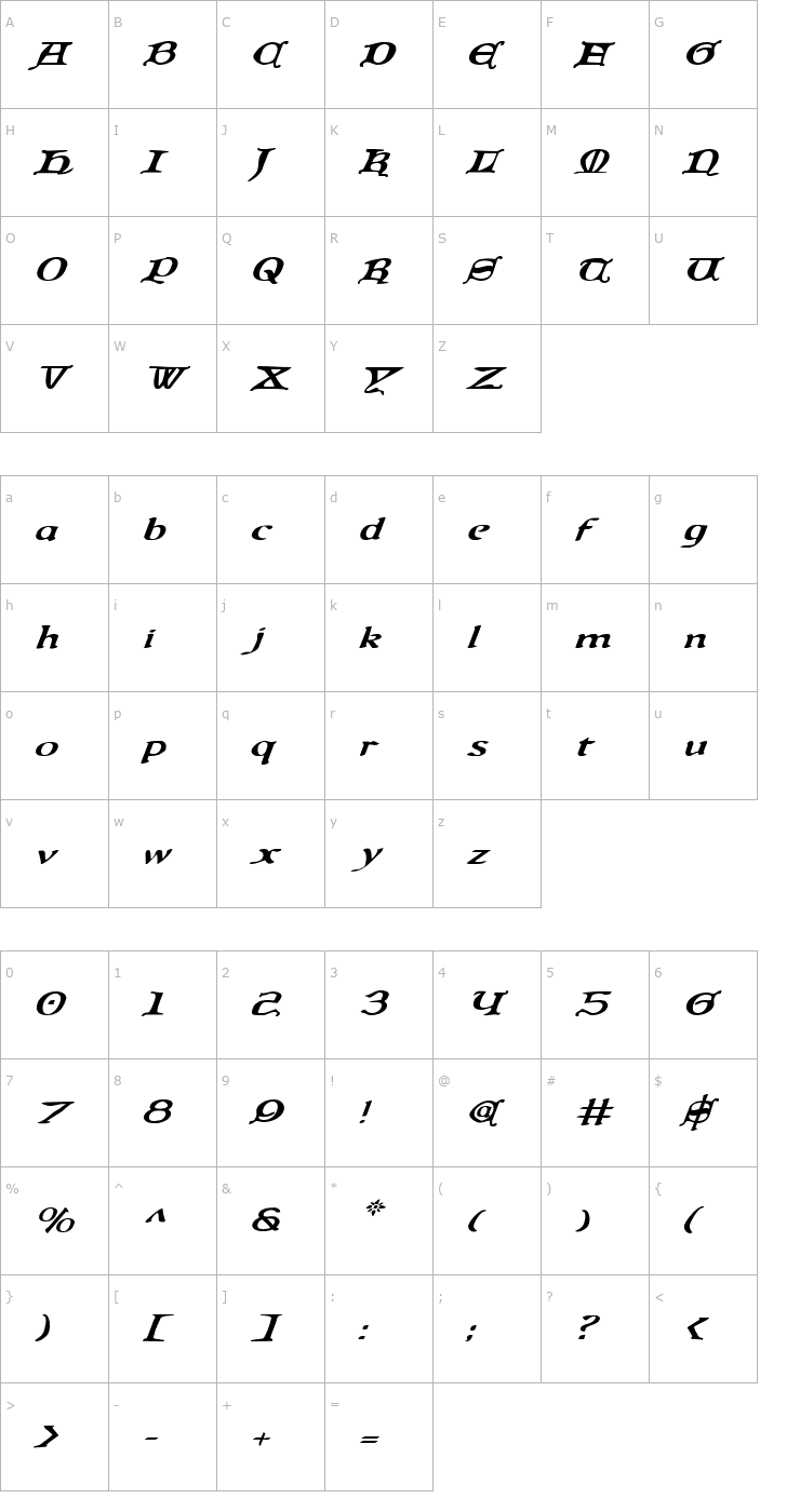 Character Map Queen & Country Expanded Italic Font