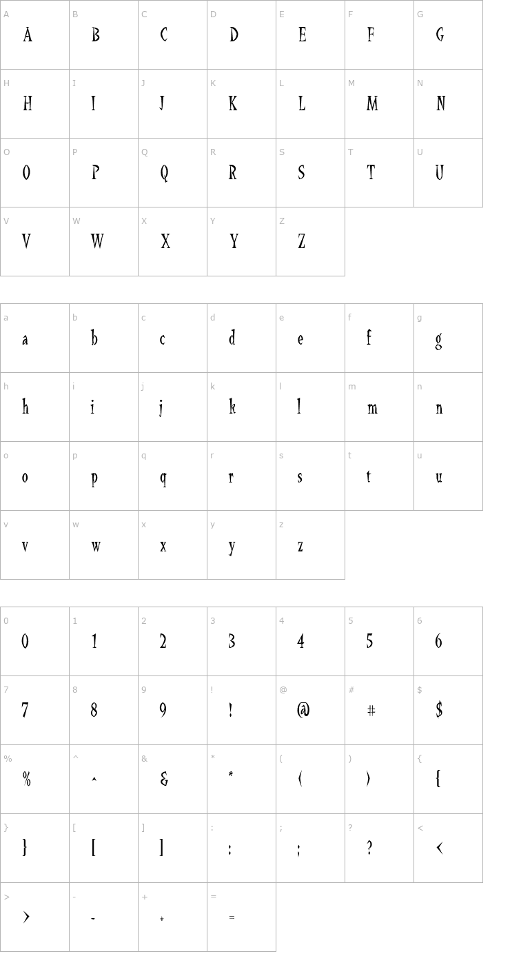 Character Map QuetzalcoatlCondensed Font
