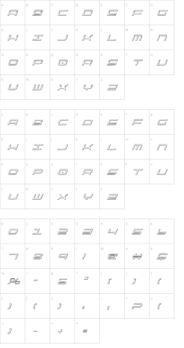 Character Map QuickTech Shadow Italic Font