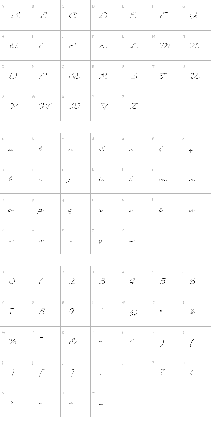 Character Map Quilline Script Thin Font