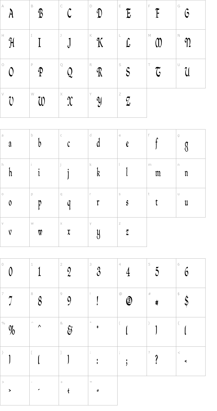 Character Map QuillPerpendicularCondensed Font