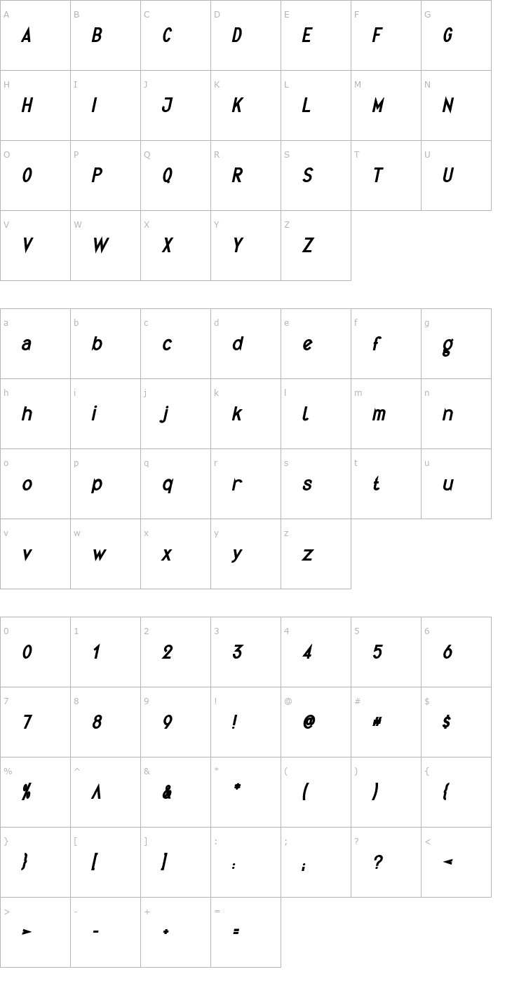 Character Map Quirkus Bold Italic Font