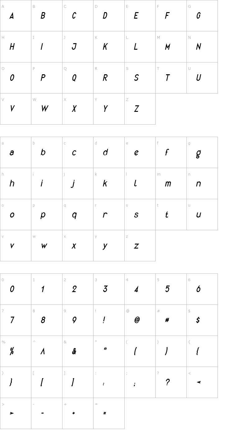 Character Map Quirkus Italic Font