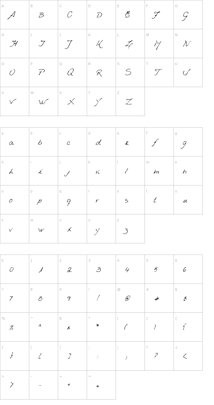 Character Map RachelsHand Regular Font