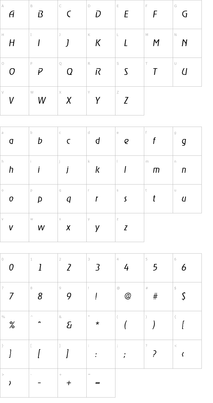 Character Map Ragtime-LightIta Font