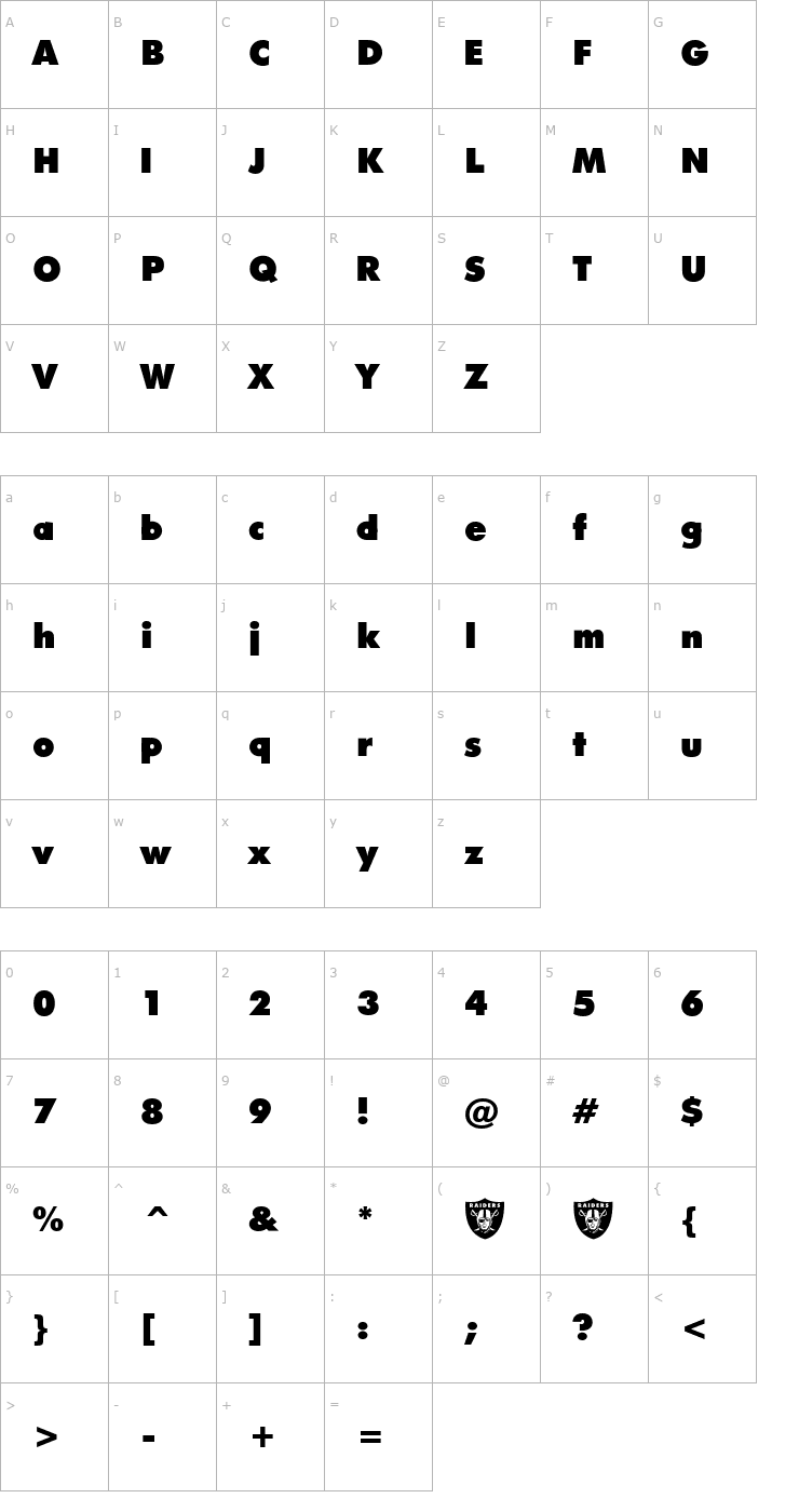 Character Map Raiders Font