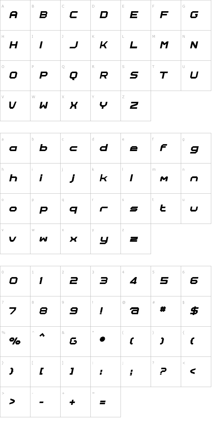 Character Map Rally-Italic Font