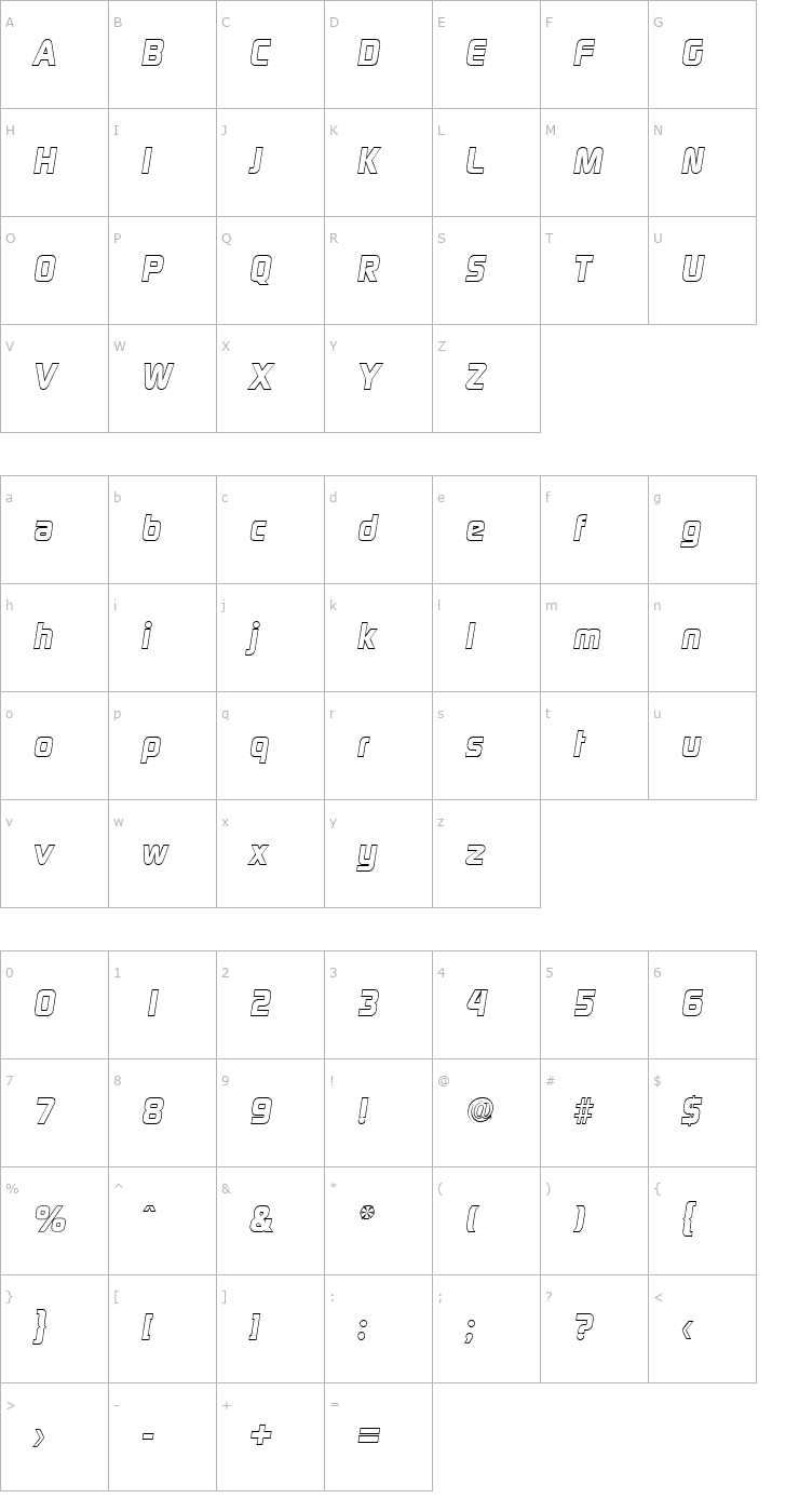 Character Map RandyBeckerOutline-ExtraBold-Italic Font