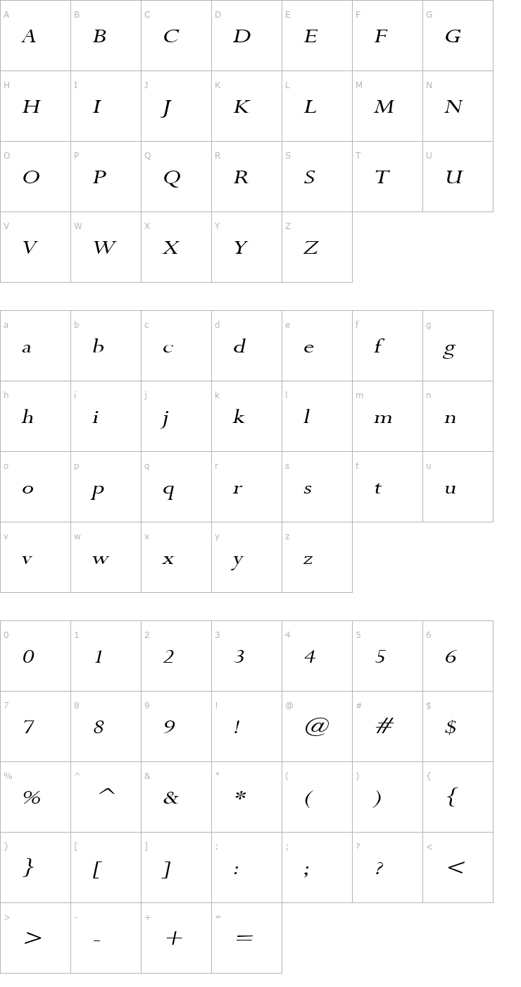 Character Map Rapid Wide Italic Font