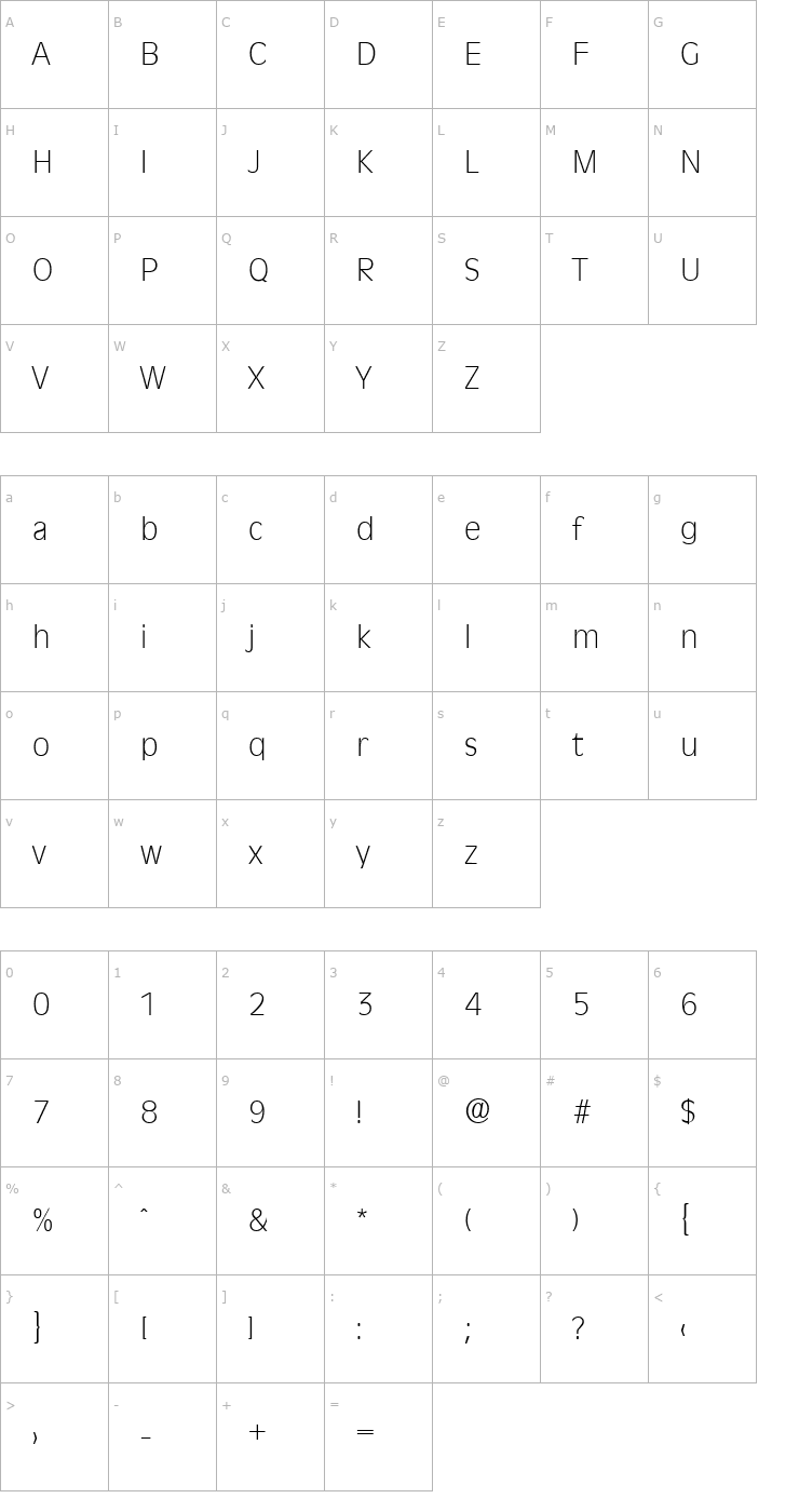 Character Map Ravenna-Serial-ExtraLight-Regular Font