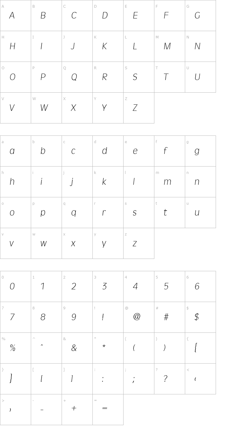 Character Map Ravenna-Serial-ExtraLight-RegularItalic Font