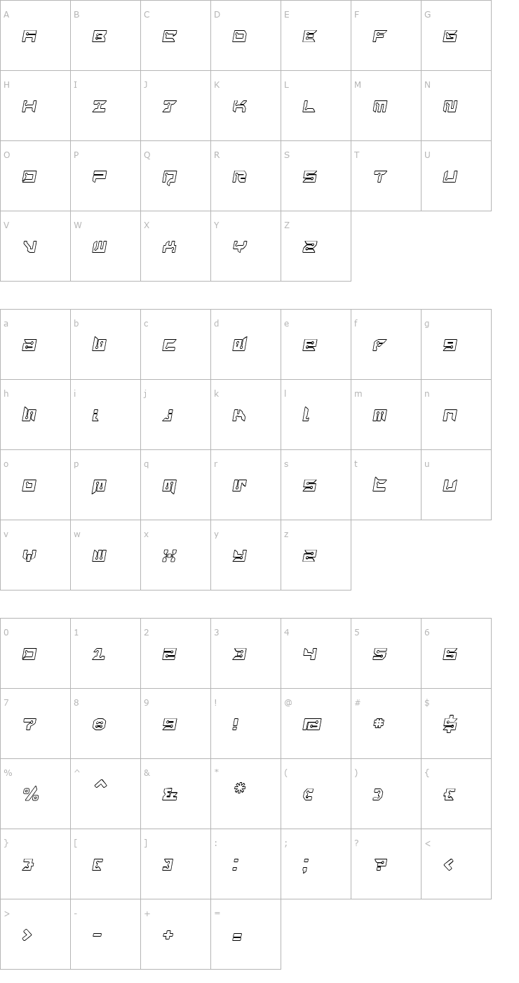 Character Map RayzorBlunt Outline Italic Font