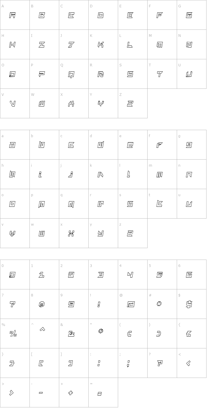 Character Map RayzorSharp Outline Italic Font