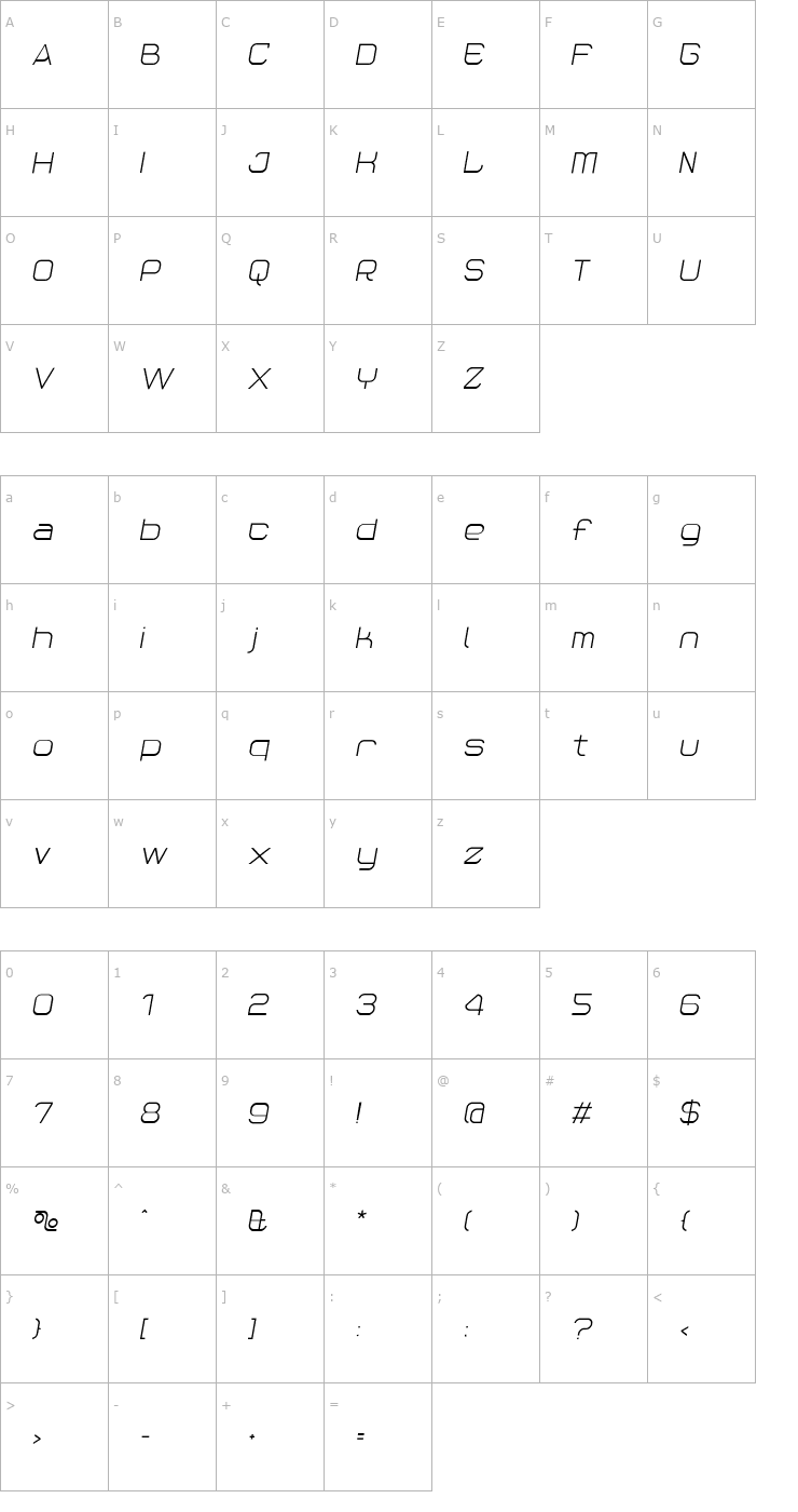 Character Map ReactionRegularItalic Font