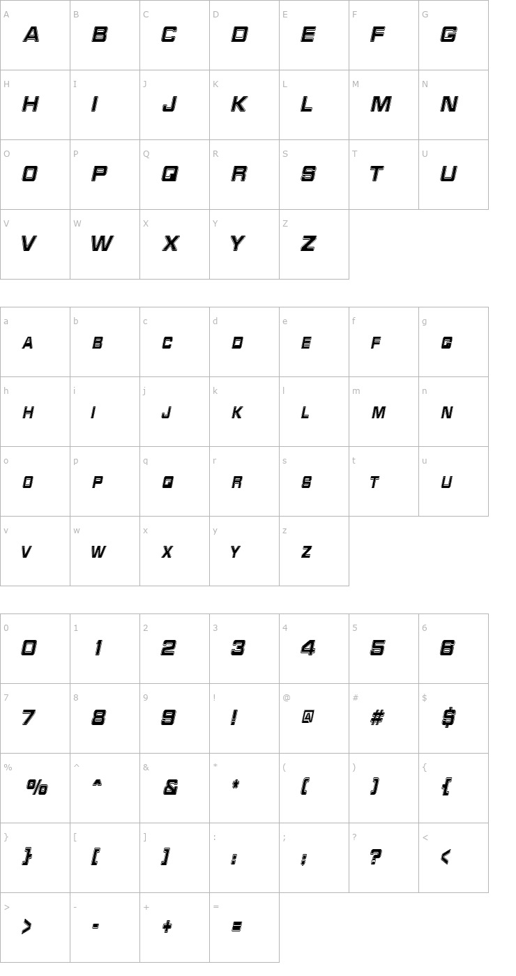 Character Map RedAlertCondensed Italic Font