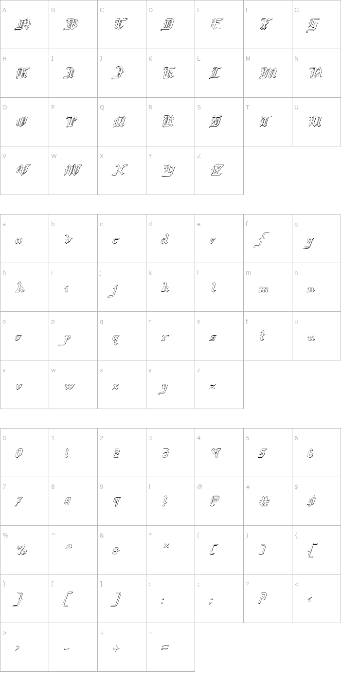 Character Map Redcoat Shadow Italic Font