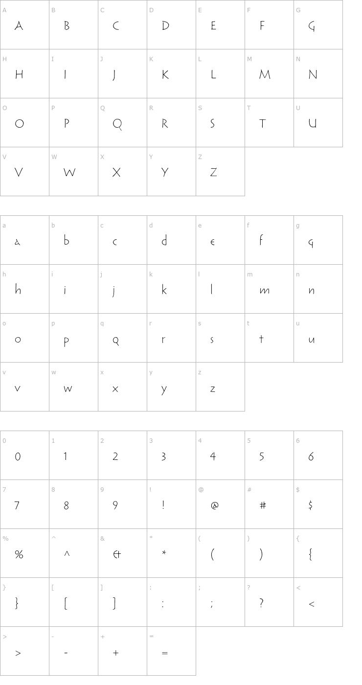 Character Map ReliqStd-LightCalm Font