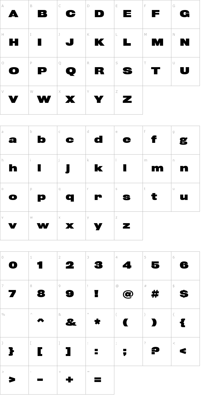 Character Map Rhode-BoldWide Font