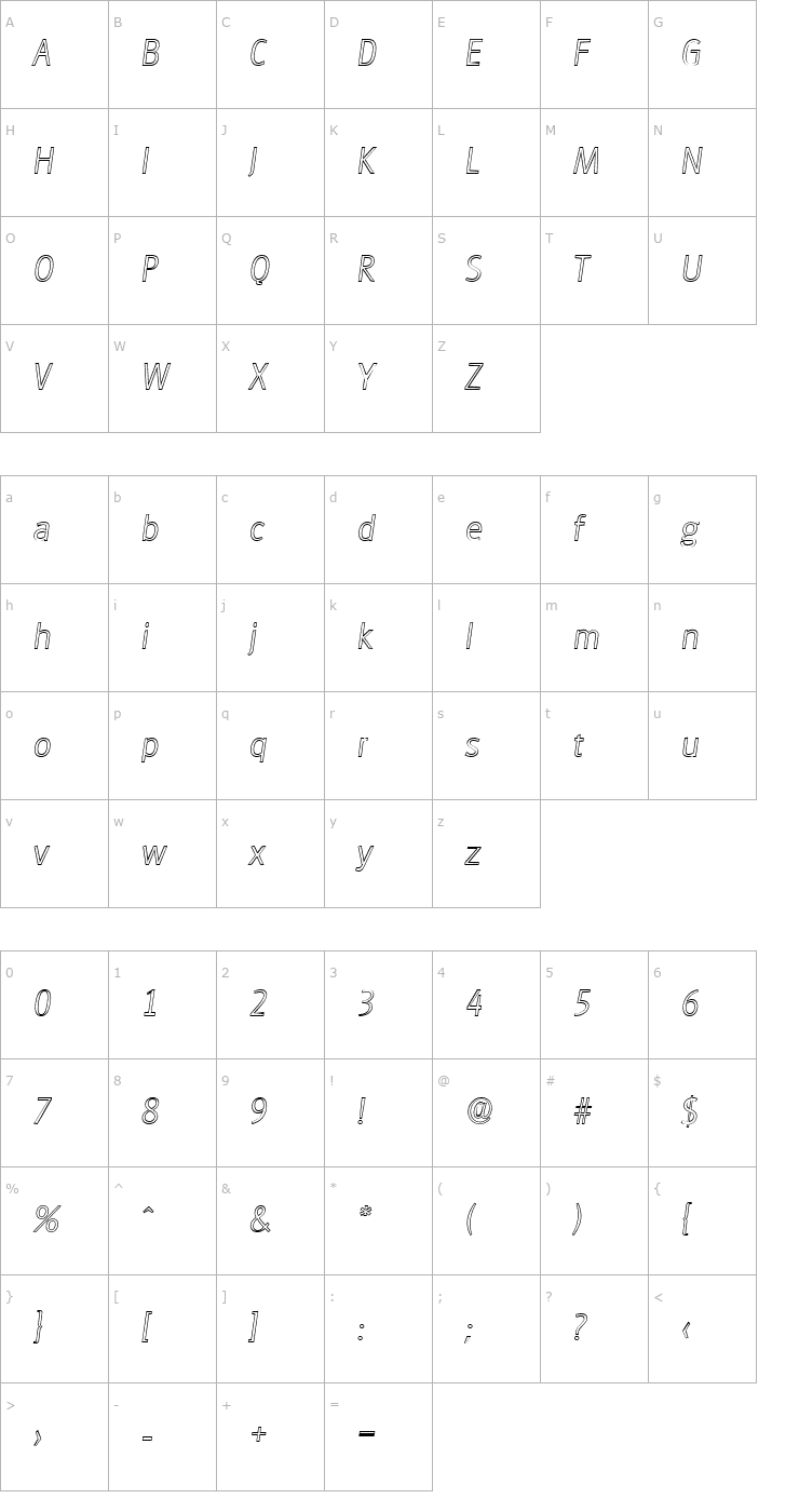 Character Map RichardBeckerOutline-Xlight-Italic Font
