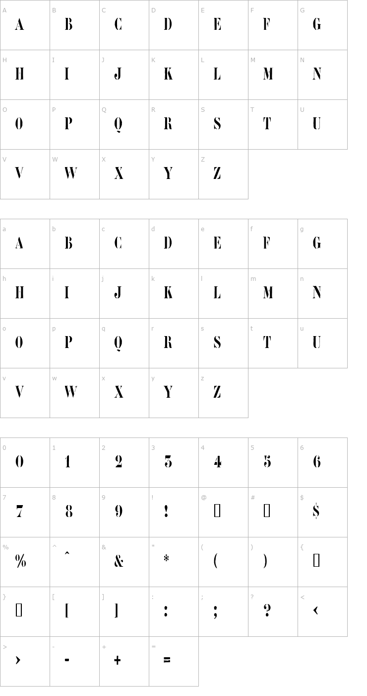 Character Map RoadcaseCondensed Font