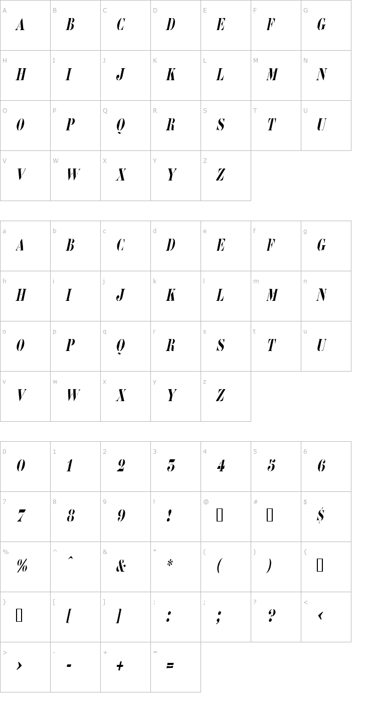 Character Map RoadcaseCondensed Oblique Font