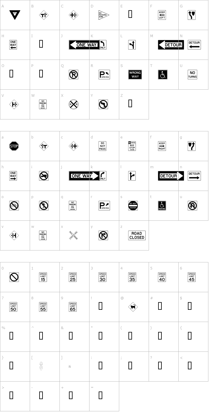 Character Map RoadSign Font