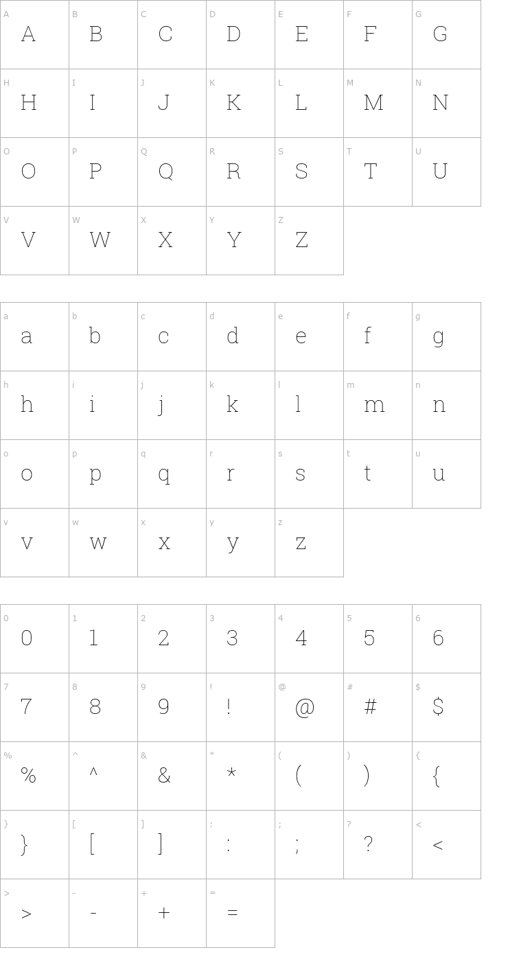 Character Map Roboto Slab Thin Font