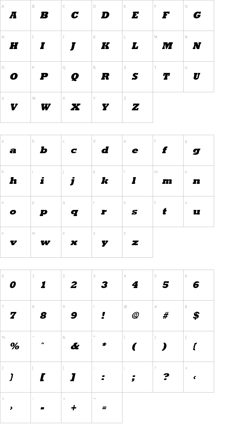 Character Map Rockney Extrabold Italic Font
