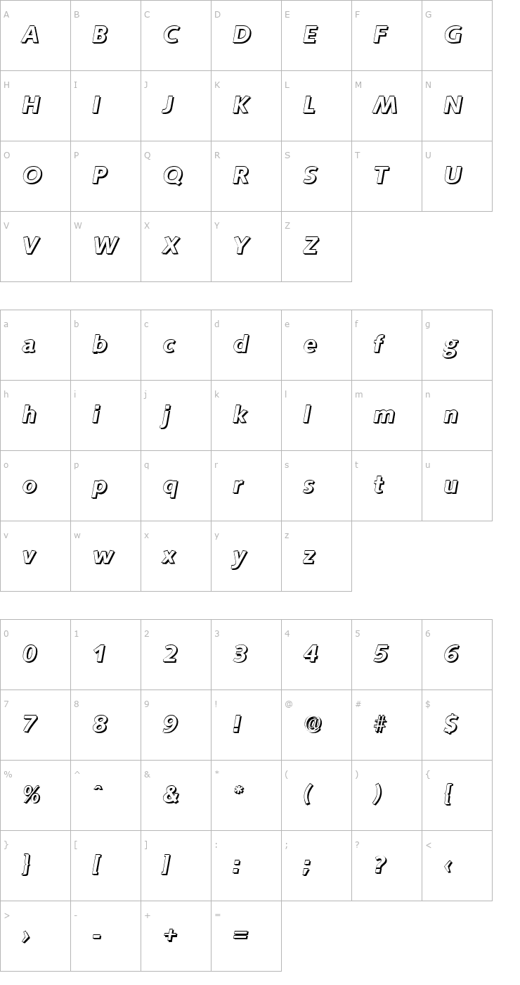 Character Map RogerBeckerShadow-BoldItalic Font