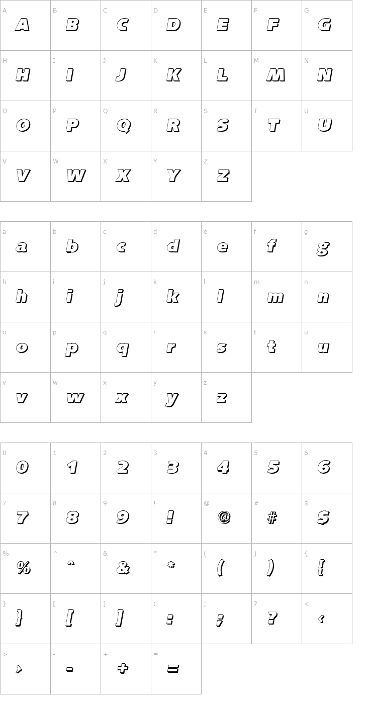 Character Map RogerBeckerShadow-Heavy-Italic Font