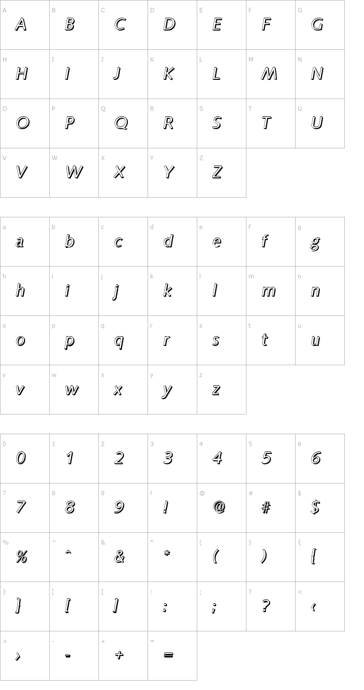 Character Map RogerBeckerShadow-Italic Font