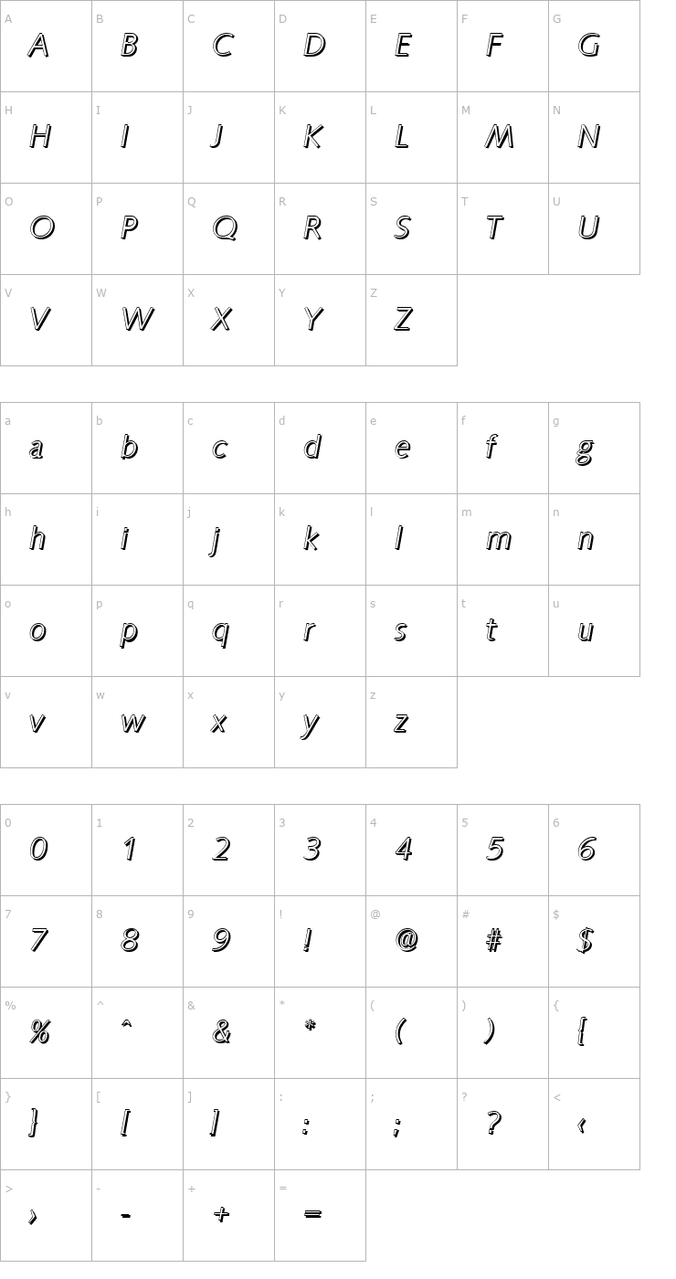 Character Map RogerBeckerShadow-Light-Italic Font