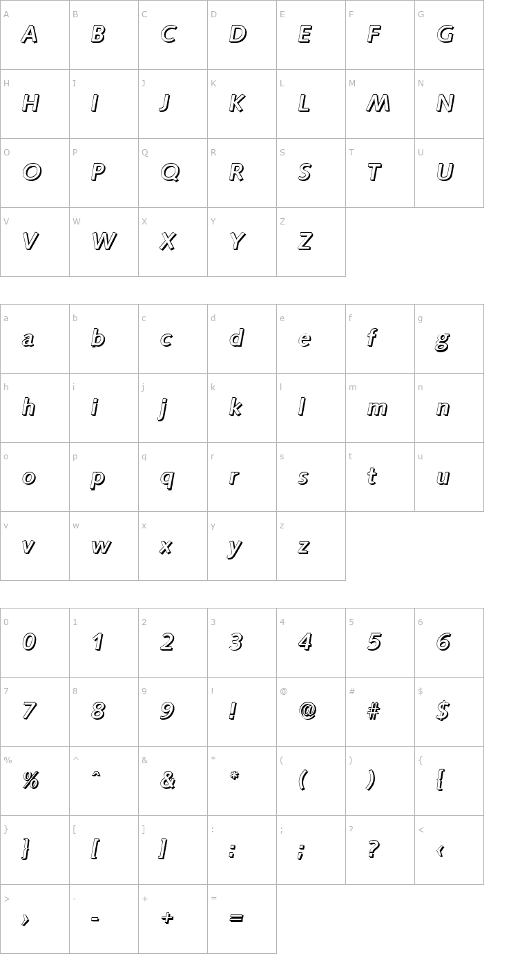 Character Map RogerBeckerShadow-Medium-Italic Font