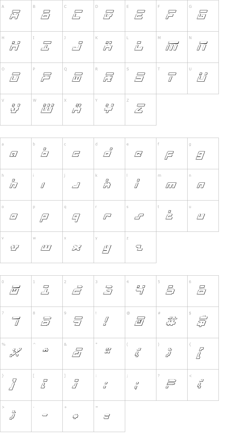 Character Map Roid Rage Shadow Italic Font