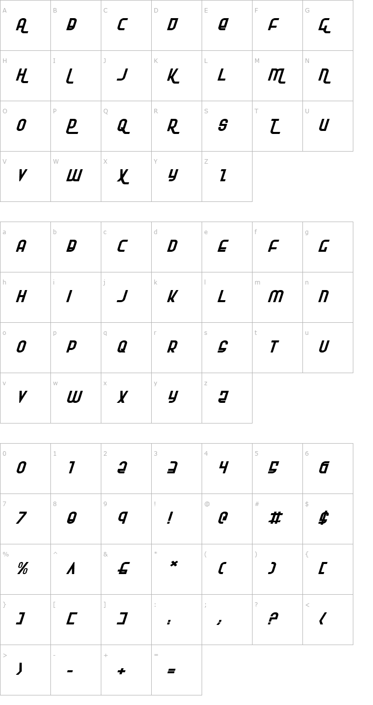 Character Map Ro'Ki'Kier Expanded Italic Font