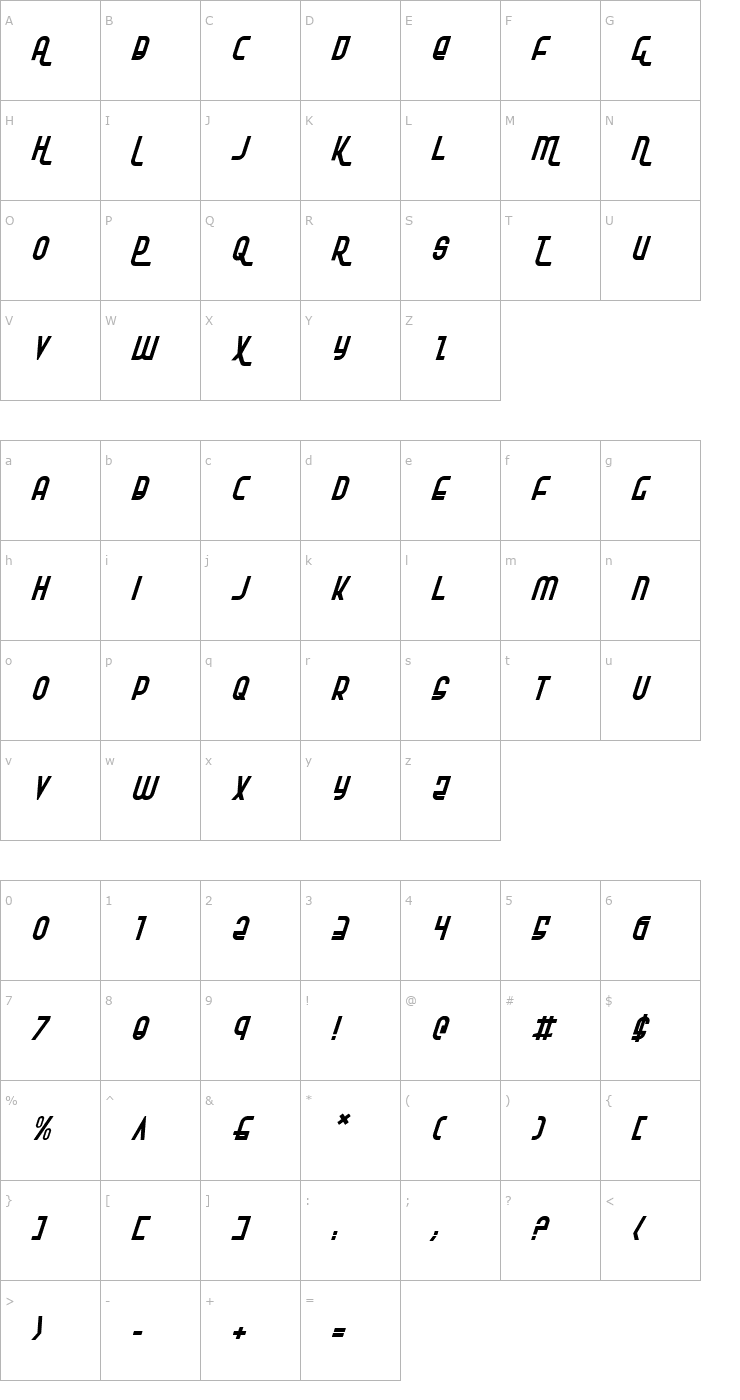Character Map Ro'Ki'Kier Italic Font