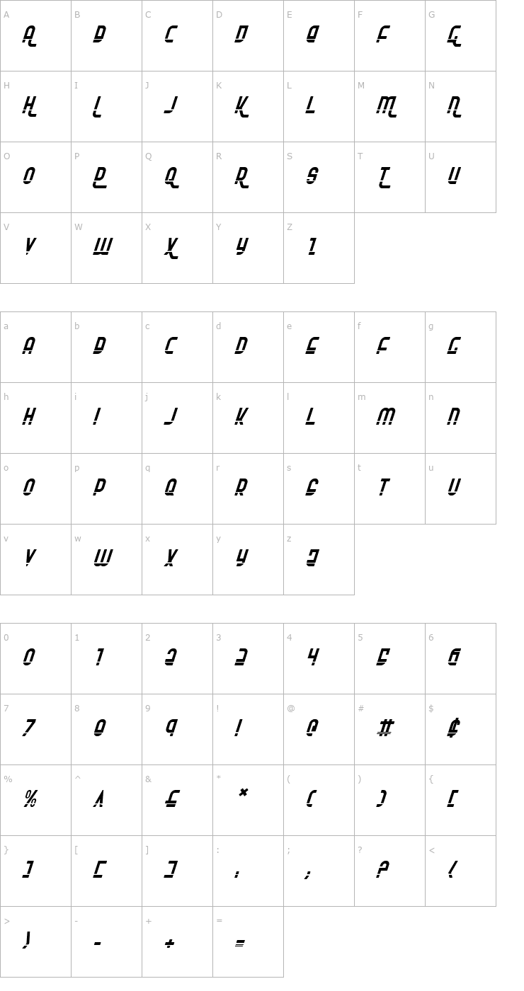 Character Map Ro'Ki'Kier Laser Italic Font