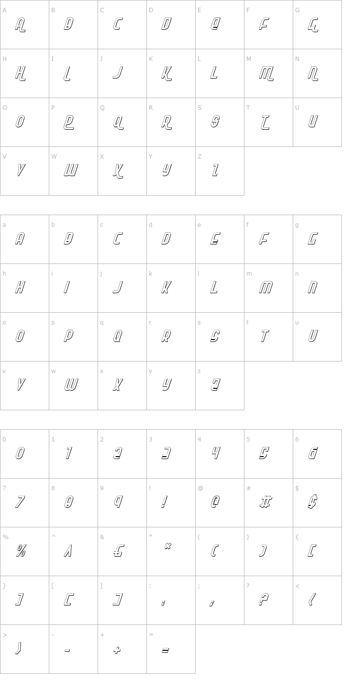 Character Map Ro'Ki'Kier Shadow Italic Font