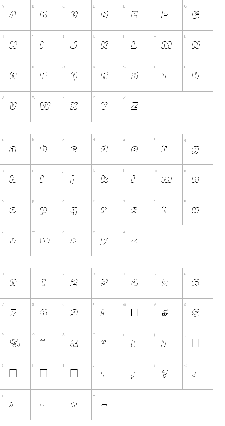 Character Map RollingOutline Italic Font