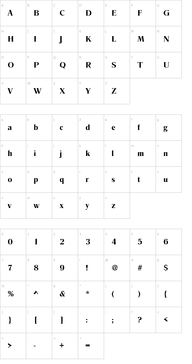 Character Map Romana_Becker_Demi Font